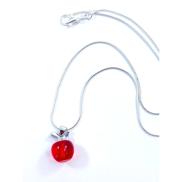 Red Glass Apple Pendant with Rhinestone Leaf - Sterling Silver Plated Chain - Picture 6 of 8